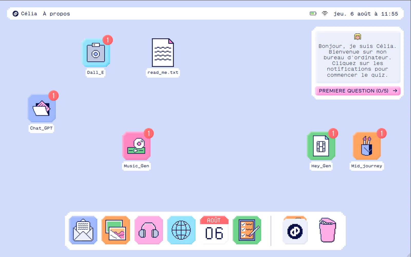 Bureau d’ordinateur pastel en pixel-art : icônes Chat_GPT, Dall_E, Music_Gen et Mid_journey avec des pastilles de notification, et une fenêtre où Célia lance un quiz.