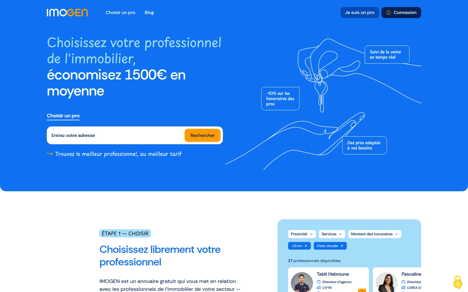 Site Imogen : recherche d’un professionnel de l’immobilier sur fond bleu, illustrée par deux mains qui se transmettent une clé.