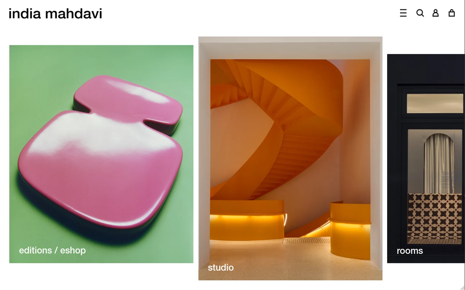 Page d’accueil du site India Mahdavi : trois grandes vignettes juxtaposées — editions / eshop, studio et rooms.