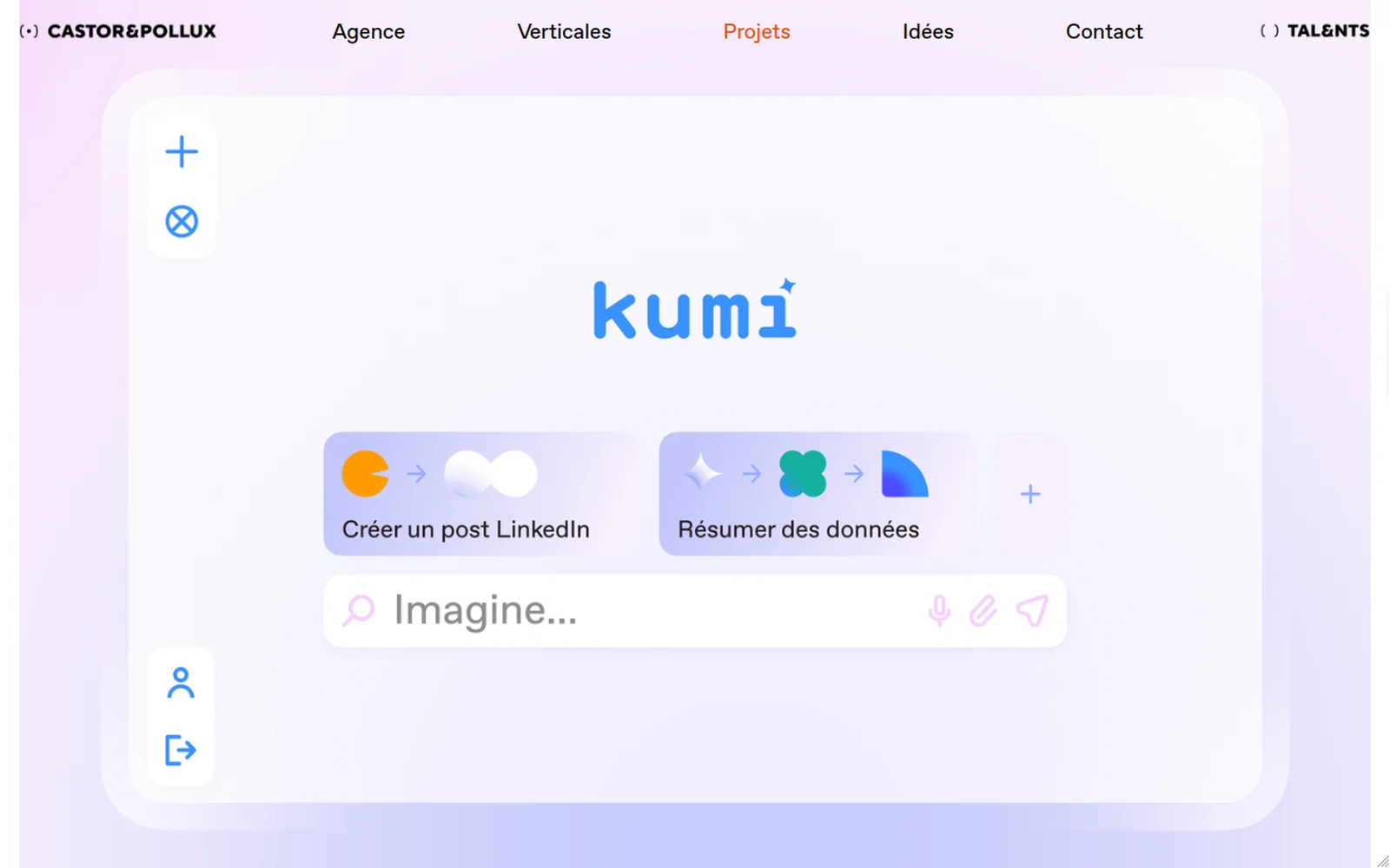 Interface de Kumi : un champ « Imagine… » et des enchaînements de modèles représentés par des pictogrammes colorés, sous la navigation du site Castor & Pollux.