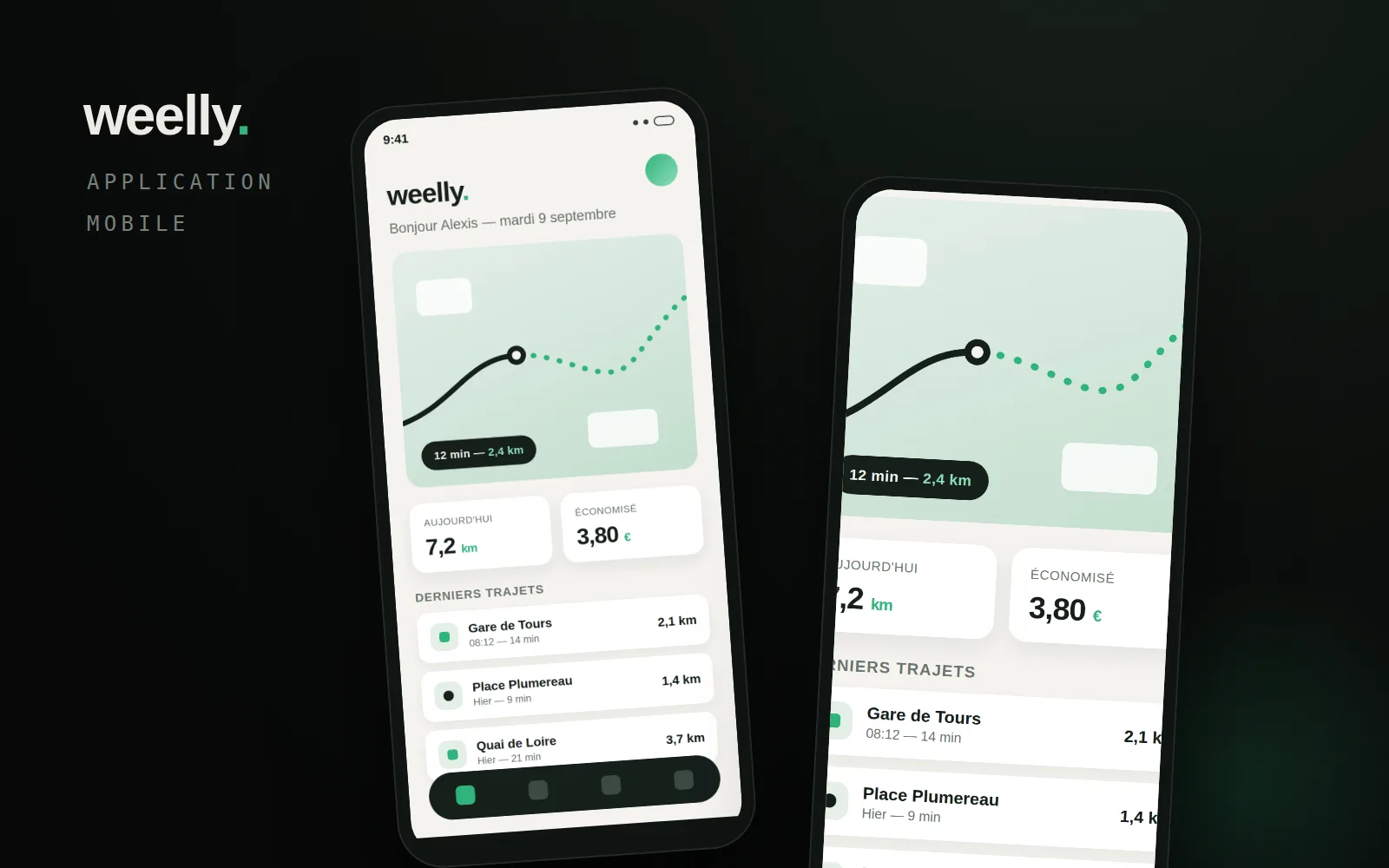Maquette provisoire de l’application mobile Weelly : deux écrans de téléphone — carte de trajet, tableau de bord et derniers trajets.