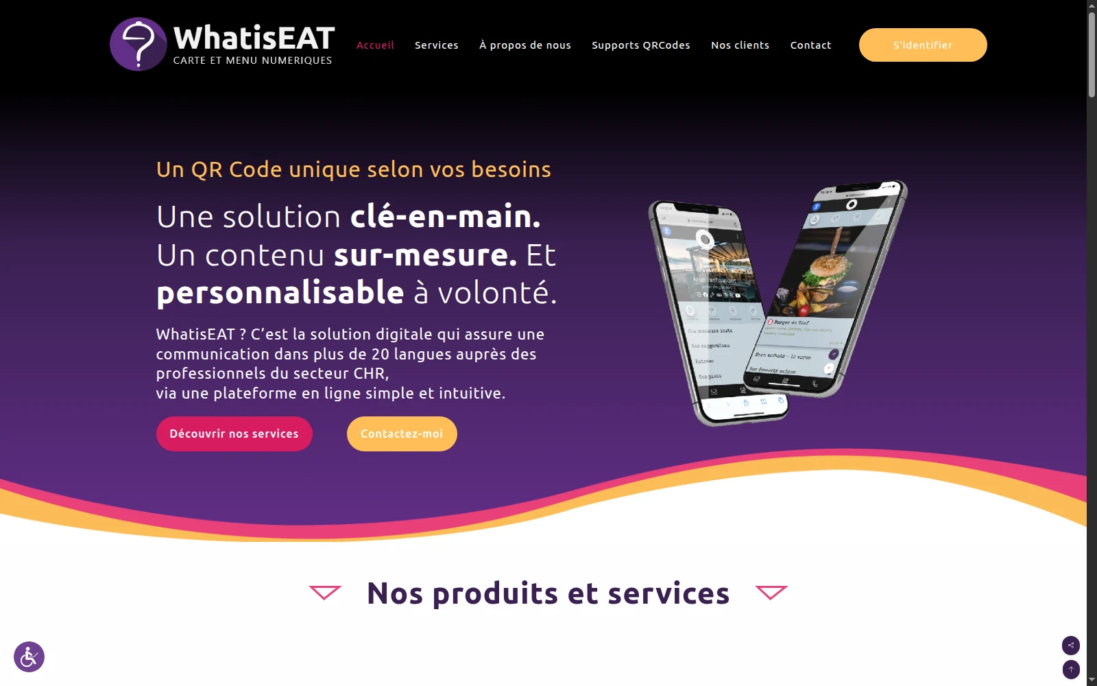 Accueil WhatisEAT sur fond violet : deux téléphones affichent des menus de restaurant, au-dessus de vagues roses et jaunes.